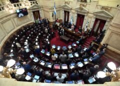 Manifestantes frente al Congreso de la Nación durante la protesta contra la reforma de propiedad privada mientras el Senado debate el proyecto.