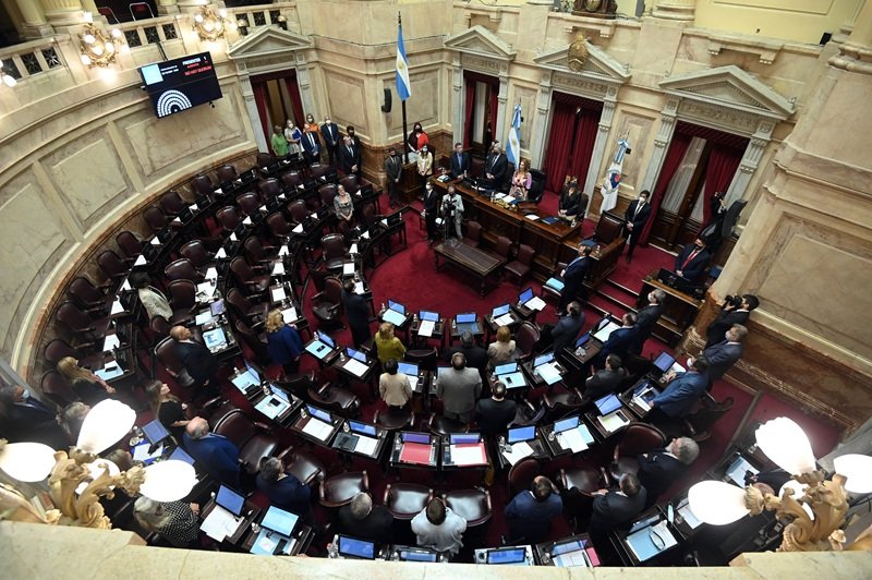 Manifestantes frente al Congreso de la Nación durante la protesta contra la reforma de propiedad privada mientras el Senado debate el proyecto.