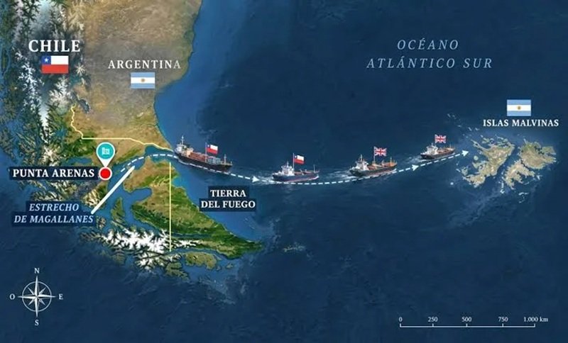 Ruta marítima entre Punta Arenas, Chile, y las Islas Malvinas en el Atlántico Sur.